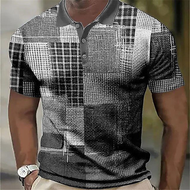 Cross-Border European and American New Golf Shirt Short-Sleeved Waffle Polo Shirt Color Block Graphic Print Three-Button Polo Shirt