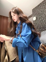 韩系高级感蓝色衬衫外套女秋季宽松长袖气质超好看慵懒风衬衣上衣