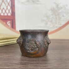 镀铜铜小香炉铜香炉冲天耳铜香炉镀铜镀铜四面兽香炉旧货家用摆件