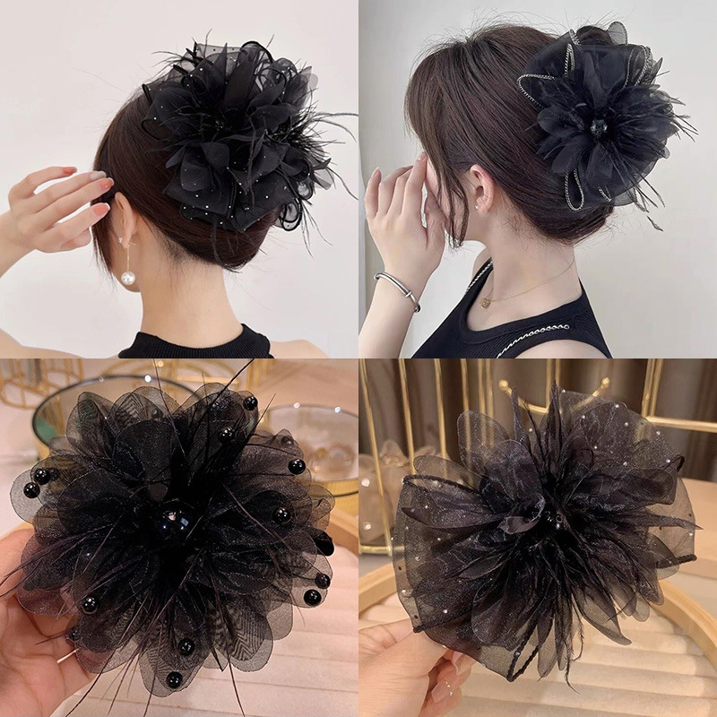 气质高级感黑色羽毛发饰大号抓夹女后脑勺盘发鲨鱼夹蝴蝶结发夹