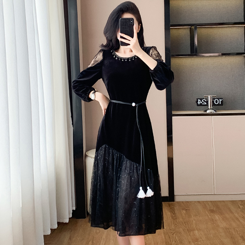 Velvet base dress with beaded chain detailing and mesh patchwork, mid-length, plus-size dress for women