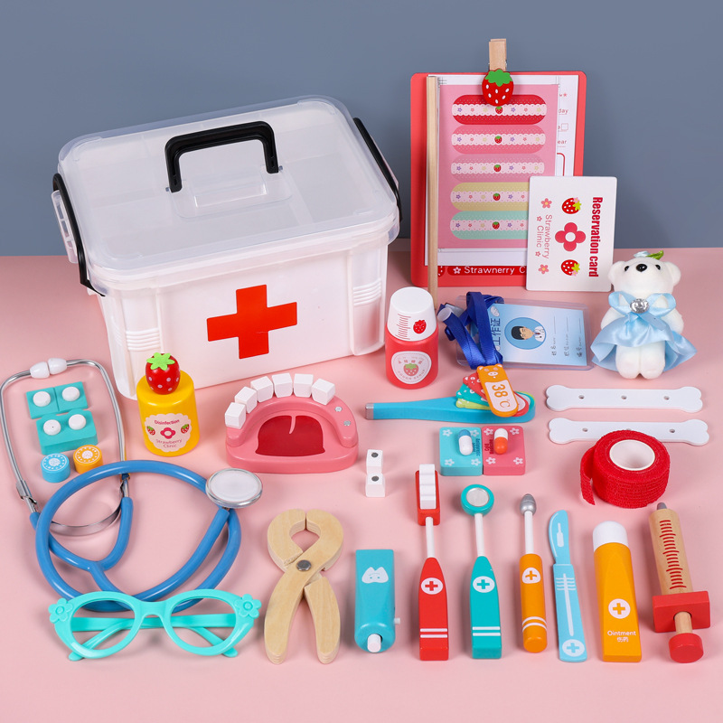 De los niños juguete médico juego casa niños y niñas inyección simulación de madera caja la medicina estetoscopio regalo al por mayor