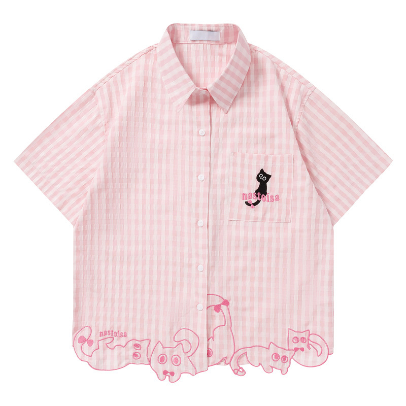 Men's Clothing Japanese Retro Cat Embroidery Plaid Pink Short-Sleeve Shirt Women's Loose Casual College Style Shirt Men's Clothing Japanese Retro Cat Embroidery Plaid Pink Short-Sleeve Shirt Women's Loose Casual College Style Shirt