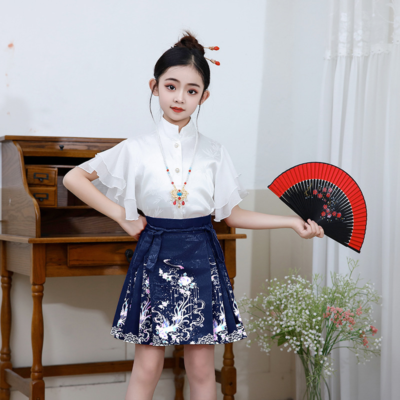 Falda de cara de caballo para niñas Hanfu Net Red Spring Nuevo estilo Vestido Tang para niños de mediana edad Princesa Estilo antiguo Estilo occidental Estilo chino