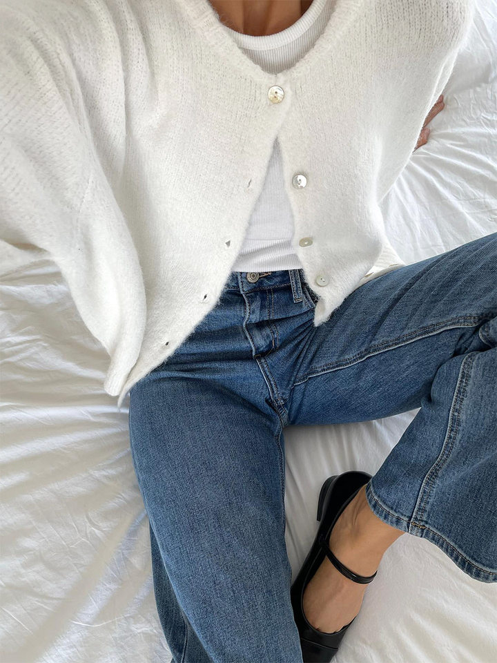 Áo khoác cardigan len nữ cổ tròn dài tay cài một hàng cúc phong cách retro thanh lịch — Màu trắng, Màu xám đậm, Xanh da trời, Xanh lá cây chi tiết 10