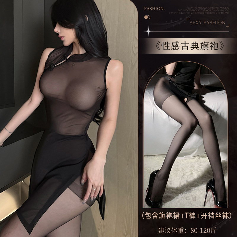 4476 섹시 시스루 치파오 + S13 블랙 가랑이 스타킹