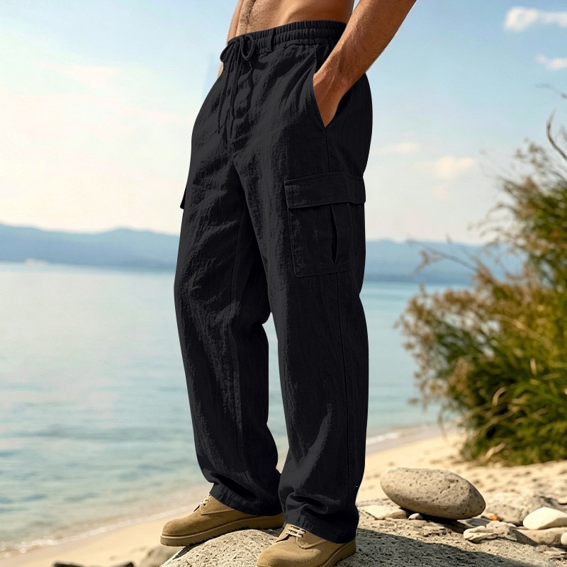KOOSSOASIS Men's Summer Linen Overalls Loose Breathable Casual Pants Cotton And Linen Beach Pants_viptrois.com