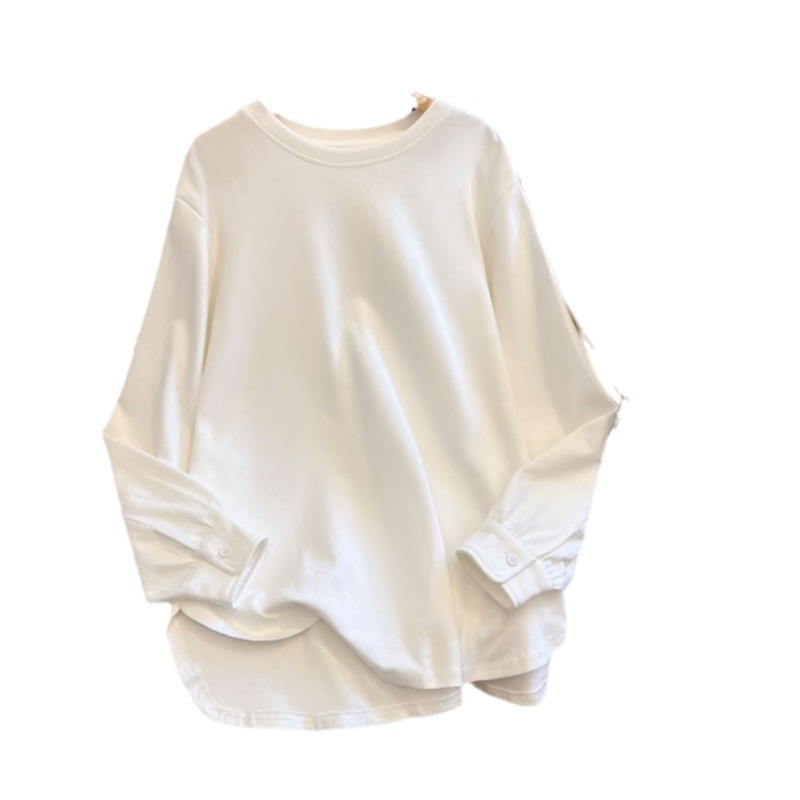 白い中長の長袖tシャツの女性は秋冬にヨーロッパの商品の中にガードルのシャツとサメのズボンの上着を着ます。|undefined