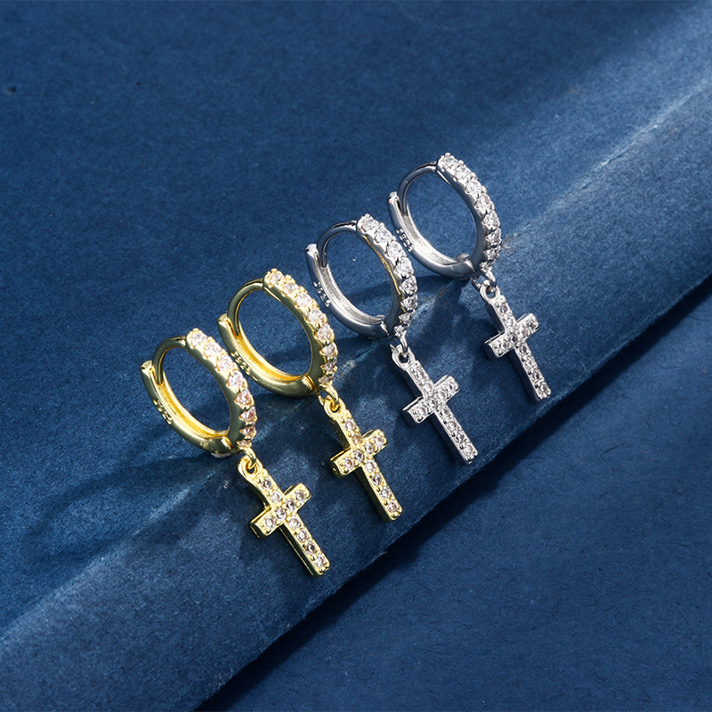 2024 New Fashion Fashion Personality Design Sense Exquisite Diamond Cross Ear Buckle Niche Advanced Light Luxury Earrings