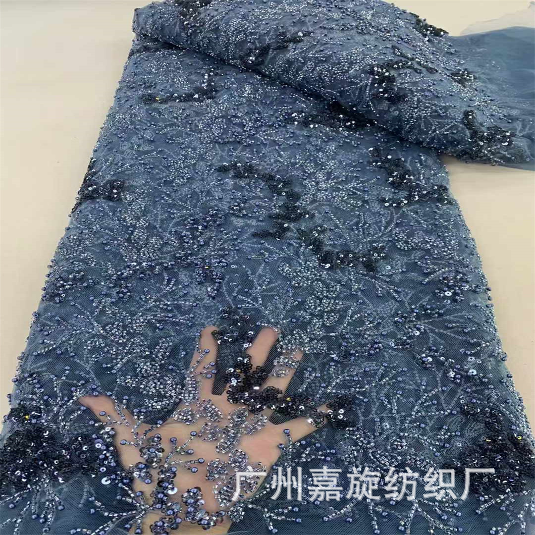 Pipe de bordado de perlas pesadas sequinado vestido de noche de moda francesa planta fina bordado perlas vestido de boda encaje tela encaje