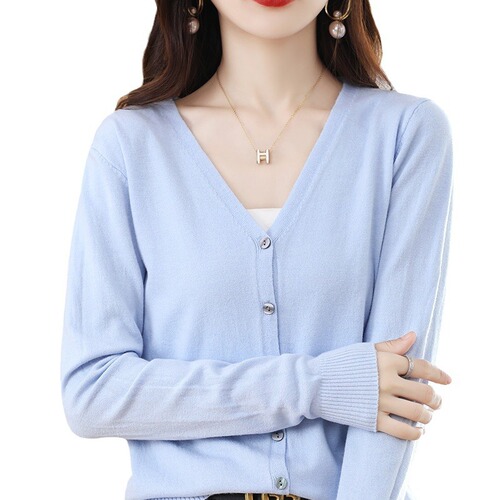 V-neck Spring and Summer Open Knit Top Long Sleeve Korean Style Slimming Fashion Women's Top for Layering Thin Single Color Outerwear