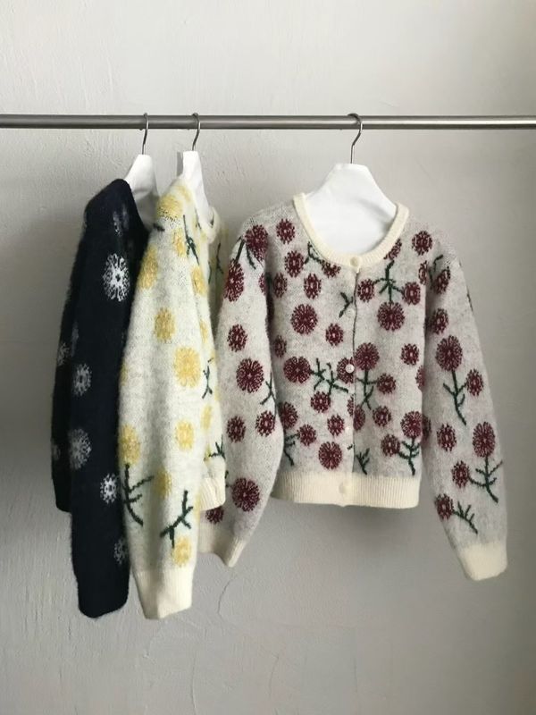 韩版小个子植绒提花针织毛衣女2025秋冬新款复古撞色花朵针织开衫|undefined