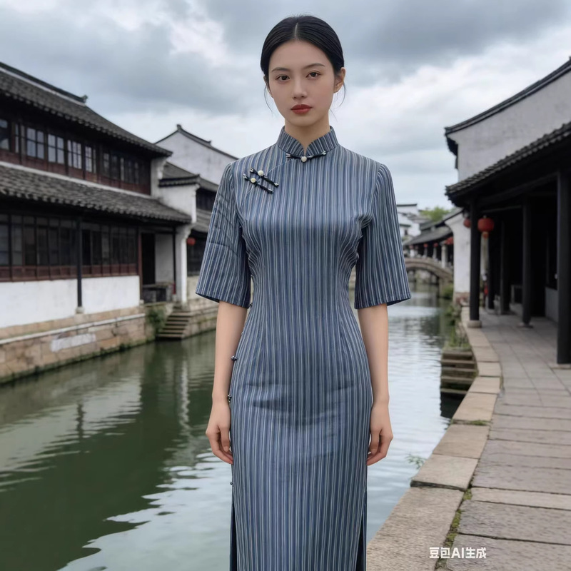 Retro Chinese Style Long Vertical Striped Mid-Sleeve Qipao Dress 2026 Summer New Improved Traditional Chinese Qipao Dress