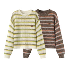 2025秋季新款女装宽松甜美条纹挑洞镂空长袖毛针织衫上衣3J3E409