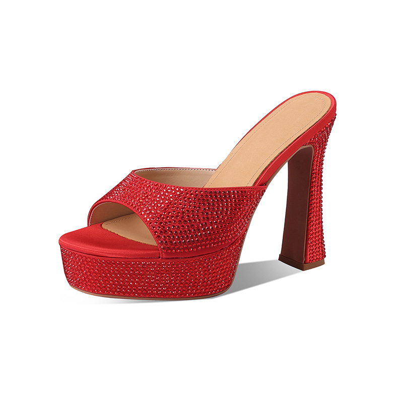 Sandal cao gót nữ đính đá platform quai một dây gót dày — đen
