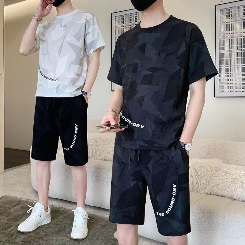 Camisas y menos ropa Traje deportivo de ocio de seda de hielo Pantalones cortos de manga corta con estampado de tie-dye para hombre