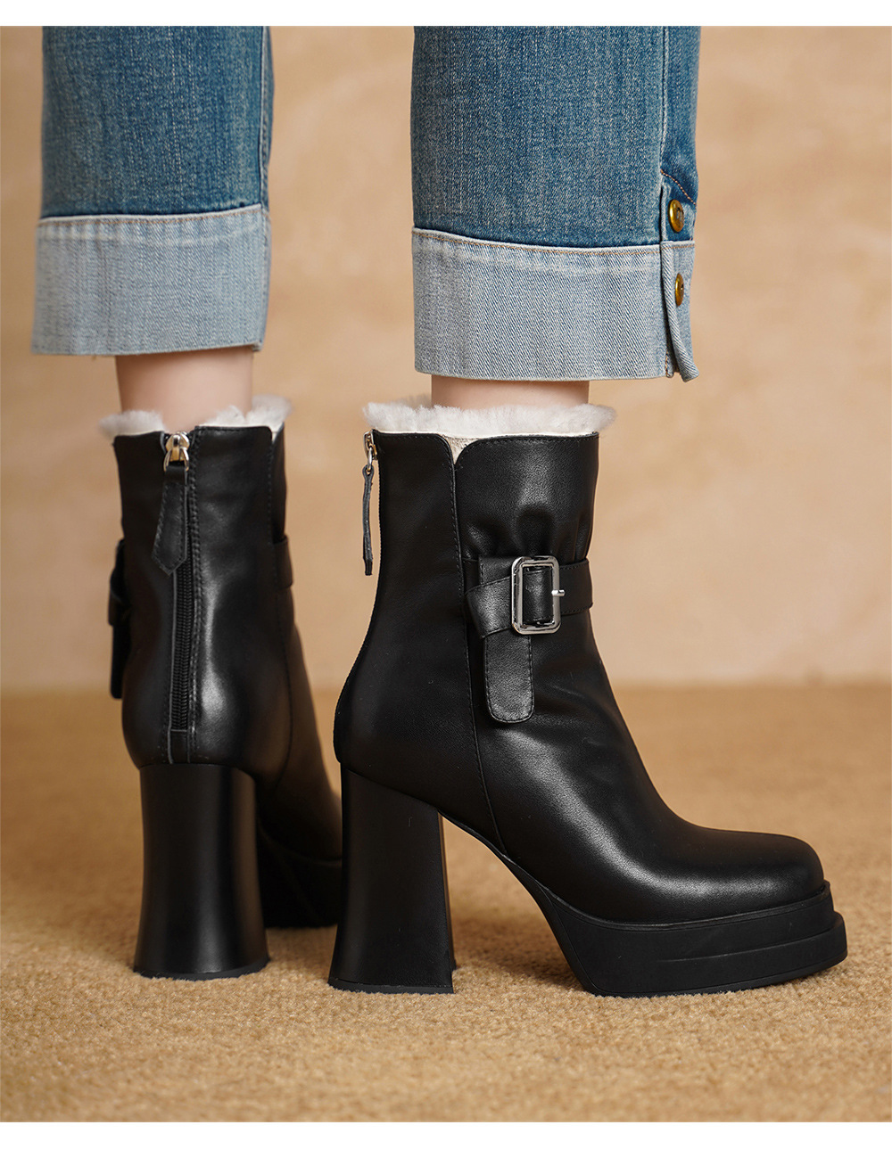 Boot nữ cổ thấp mũi vuông siêu cao gót da bò lót lông cừu ấm áp — màu đen chi tiết 8
