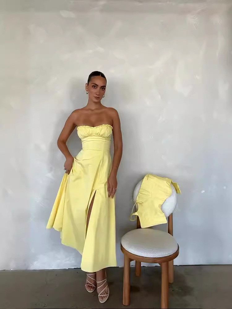 Women's Summer Elegant High-Waisted Dress Two-Piece Set Strapless Top With Slit Casual Fashionable Lanon Thickened Regular Size_ecoleips.com