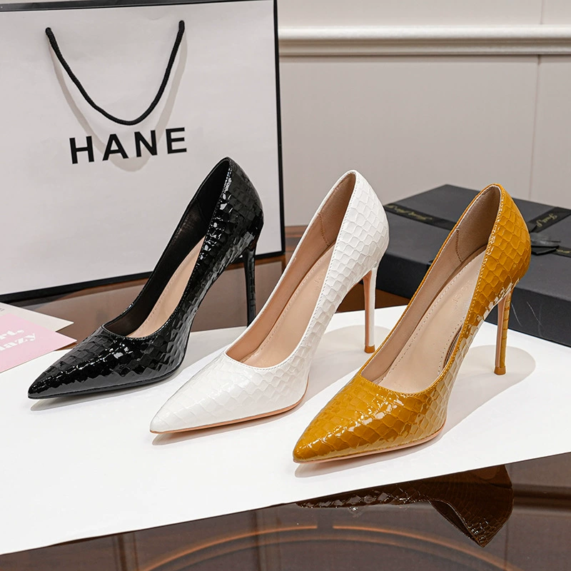 Оптовая Кристалл Плед высокие каблуки острый носок низкий вамп Профессиональные высокие каблуки сплошной цвет шпилька каблук белый воротник OL платье каблук обувь