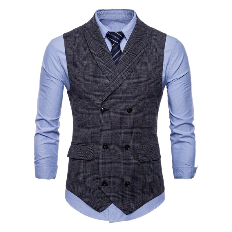 Chaleco de comercio exterior con etiqueta lavada británico slim fit hombres de doble botonadura chaleco a cuadros chaleco casual de negocios moda
