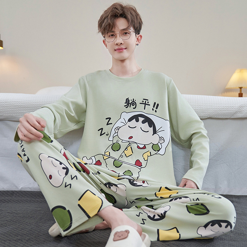 Spring and Autum Pure Cotton Pajamas Men's Pullover Long-Sleeved Pants Cartoon Cute Casual and Comfortable Teenagers Can Wear Home Clothes