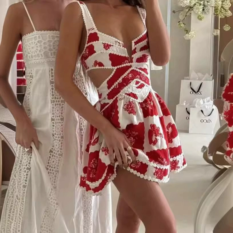 Трансграничная европейская и американская мода AliExpress, популярное платье-трапеция с принтом, на тонких бретельках и кружевом, в стиле ранней весенней отпускной коллекции.