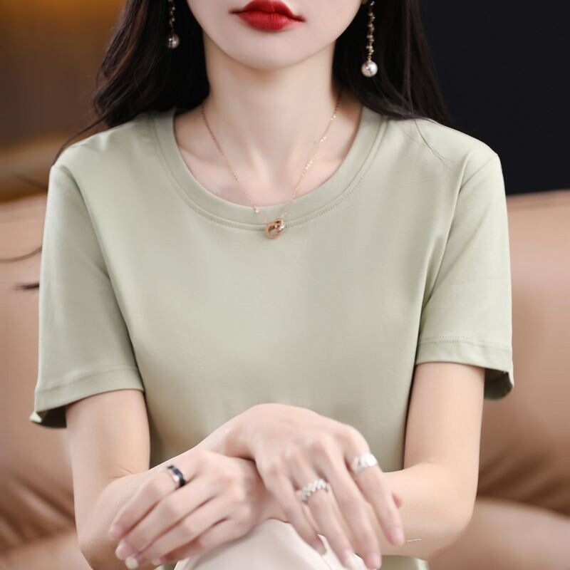 Round Neck Mercerized Cotton T-Shirt for Women, 100% Pure Cotton, Summer Thin Style, Slim Fit, Short Sleeve, Solid Color, Combed Cotton Half-Sleeve Tee