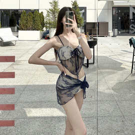 bikini新款高级比基尼细肩带拼色蕾丝性感度假三件套温泉泳衣女