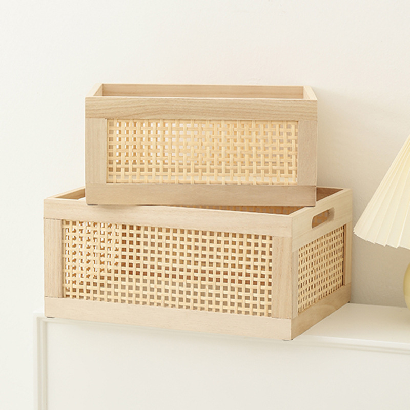 Amazon personalizado caja de almacenamiento de madera maciza japonesa tela de caña cesta de almacenamiento de madera de escritorio negro nuez
