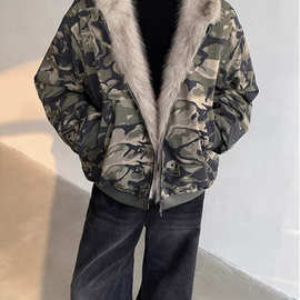水洗迷彩毛领连帽棉服男冬季新款加厚保暖宽松底特律工装棉衣外套