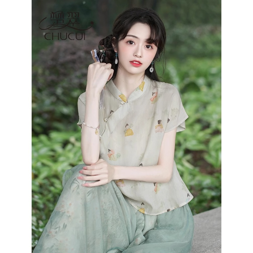 Áo sơ mi in hoa cổ điển kiểu Trung Quốc mùa hè, cổ đứng, tay ngắn, phong cách quốc phong — Áo