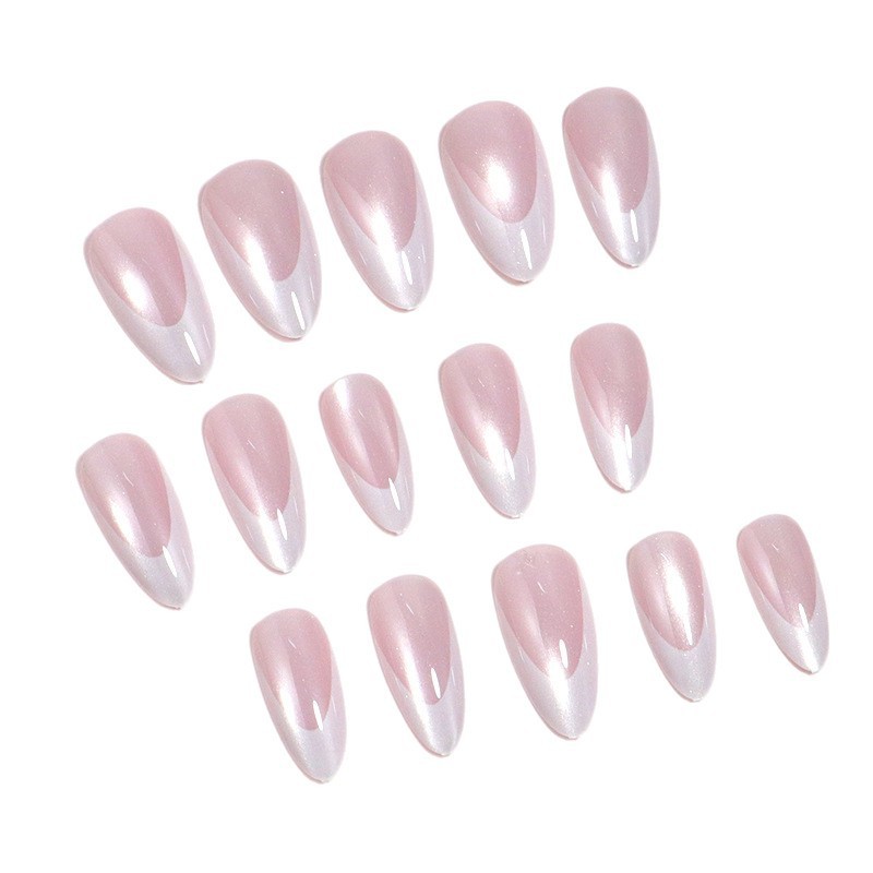 24片 跨境 法式杏仁甲水晶白边法式猫眼欧美ins风press on nails|undefined