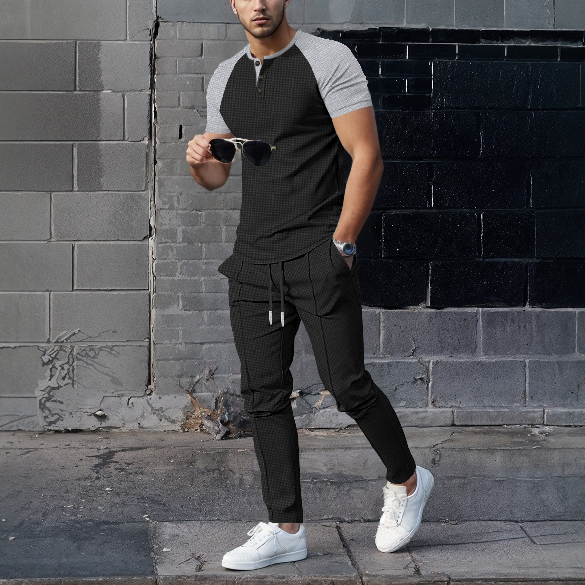 Men's Clothing Men's Summer Waffle Knit Crew Neck Color Block T-Shirt Short Sleeve Casual Outdoor Set For Formal & Casual_viptrois.com