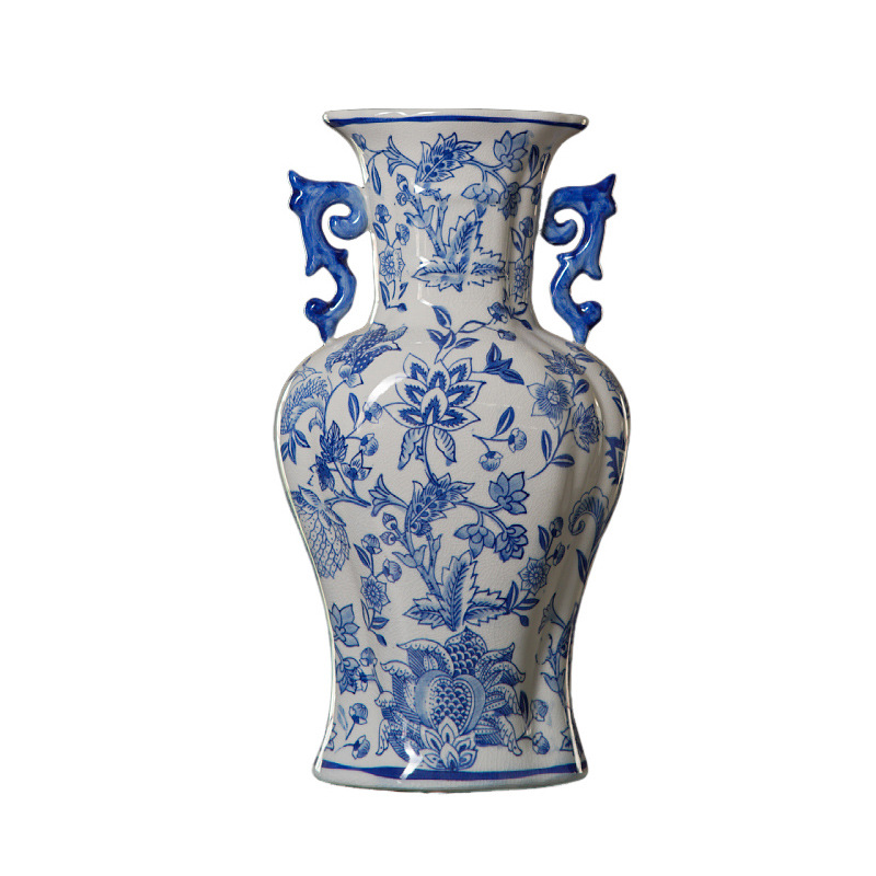 Botella de cerámica de doble oreja plana Jingdezhen porcelana china hogar gran jarrón de porcelana azul retrógrado adorno de entrada en stock