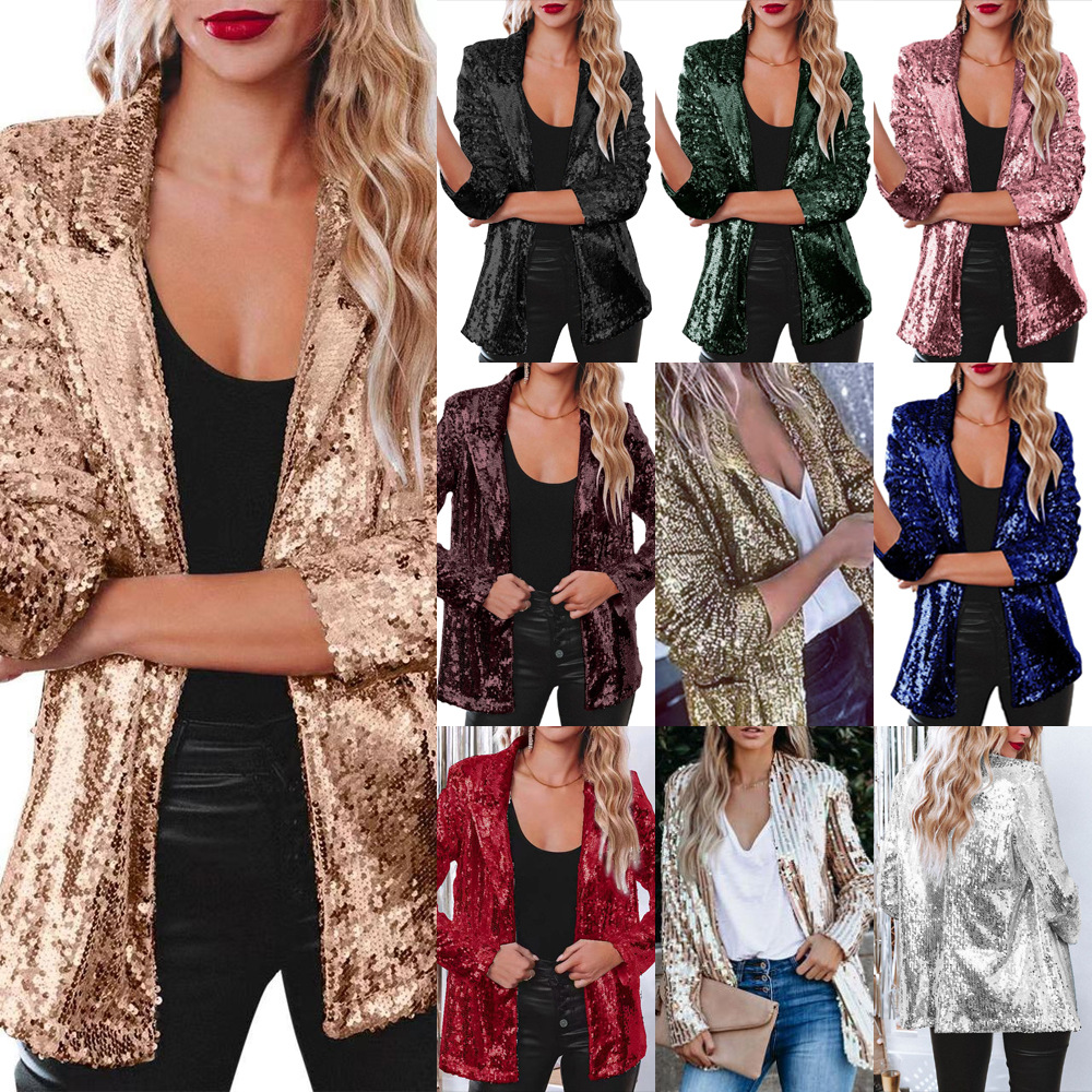 AliExpress eBay europeo y americano casual sequined Top sequined manga larga estilo de cercanías solapa temperamento pequeño traje chaqueta
