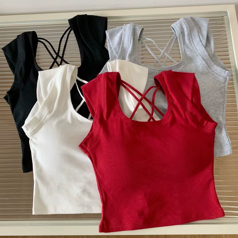 Чистое Желание Гонконг стиль Горячая девушка Cross Hollow Backless Sexy Beautiful Back Wrapped Chest Girl Без рукавов короткая версия Slim Cotton underwear