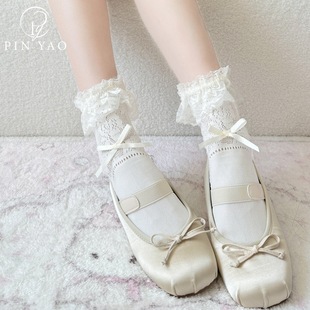 Spring and Summer Lace Mid-Calf Pure Color Socks for Women Thin Bow Pile Socks Short Socks for Women Jk Short Socks Rice