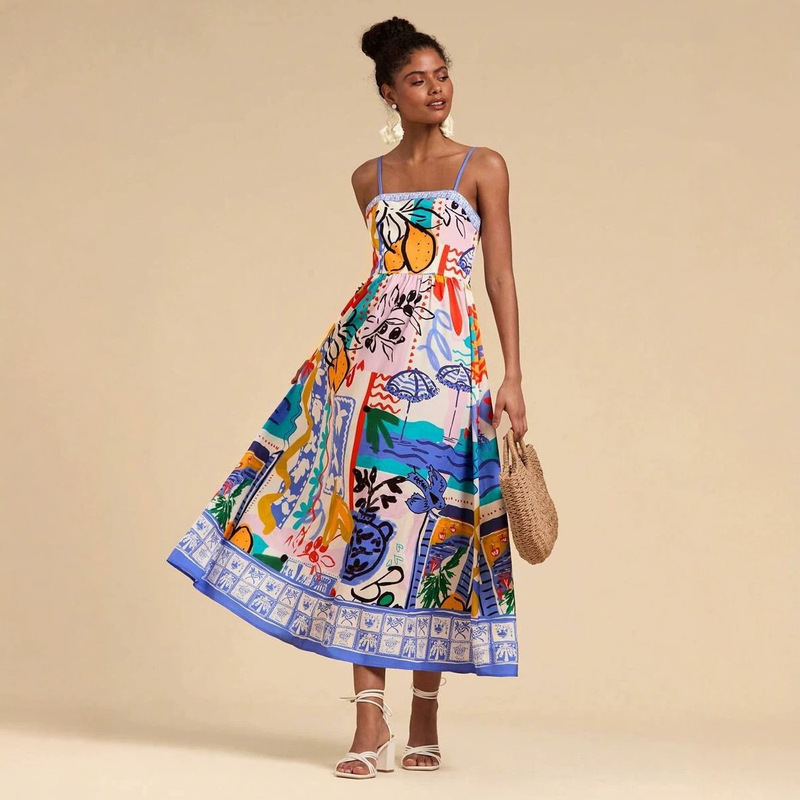 Cross-Border New Women's Clothing Tropical Vacation Style Bohemian Style Western Style Woven Printed Suspender Dress Cross-Border New Women's Clothing Tropical Vacation Style Bohemian Style Western Style Woven Printed Suspender Dress