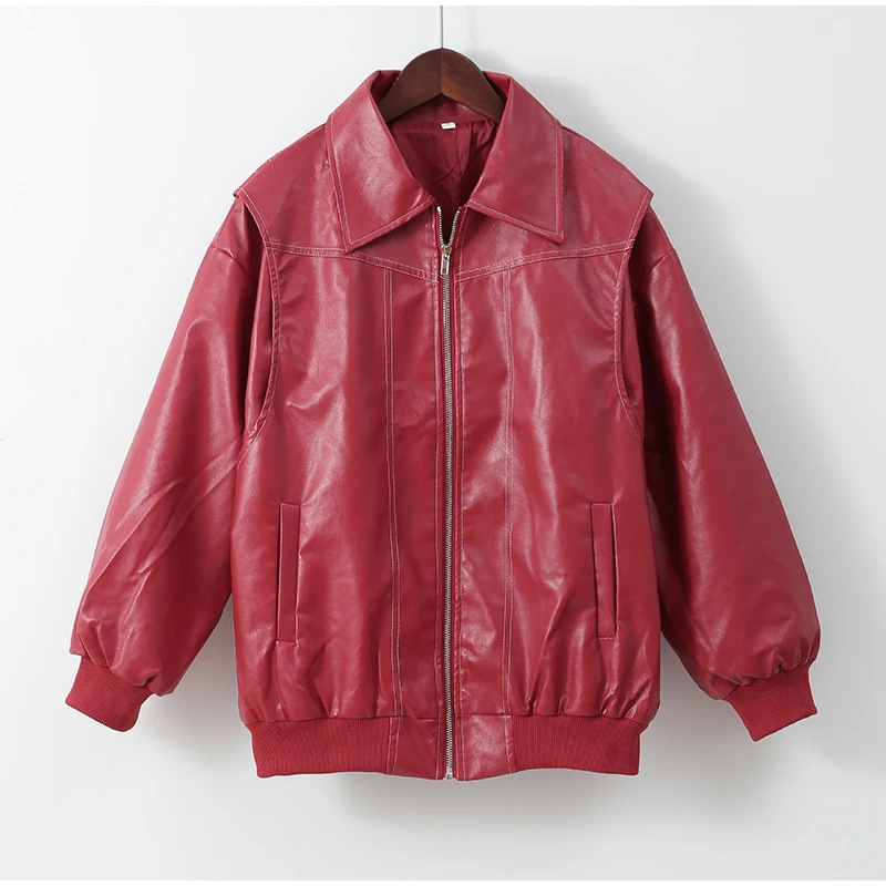 Red lapel leather jacket / S