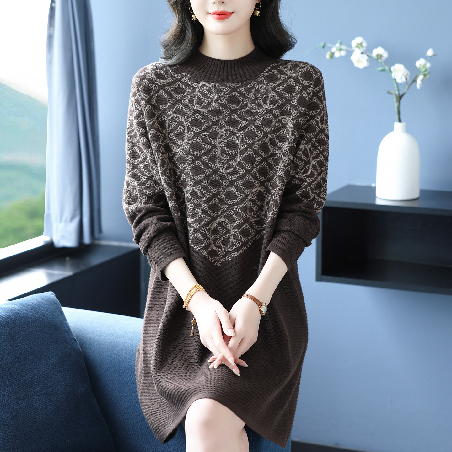 2025秋冬新款淑女优雅打底衫中长款毛衣裙百搭显瘦宽松针织连衣裙