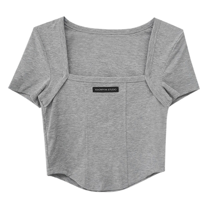 INS marea diseño sentido de la clavícula del cuello cuadrado puro quiere atar la primavera femenina y el verano corto curvo cintura manga corta Camiseta top