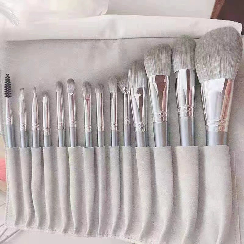 Makeup Brush Set, 14-Piece Foundation & Primer Brushes, Roll Pouch, Silver Handles
