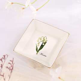 ETSY跨境亚马逊POD金边陶瓷戒指盘首饰盘项链收纳生辰花一件定制