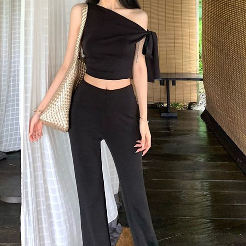 American style hot girl lacing off-shoulder sleeveless vest women 2025 summer fashion new micro trumpet pants two-piece set 