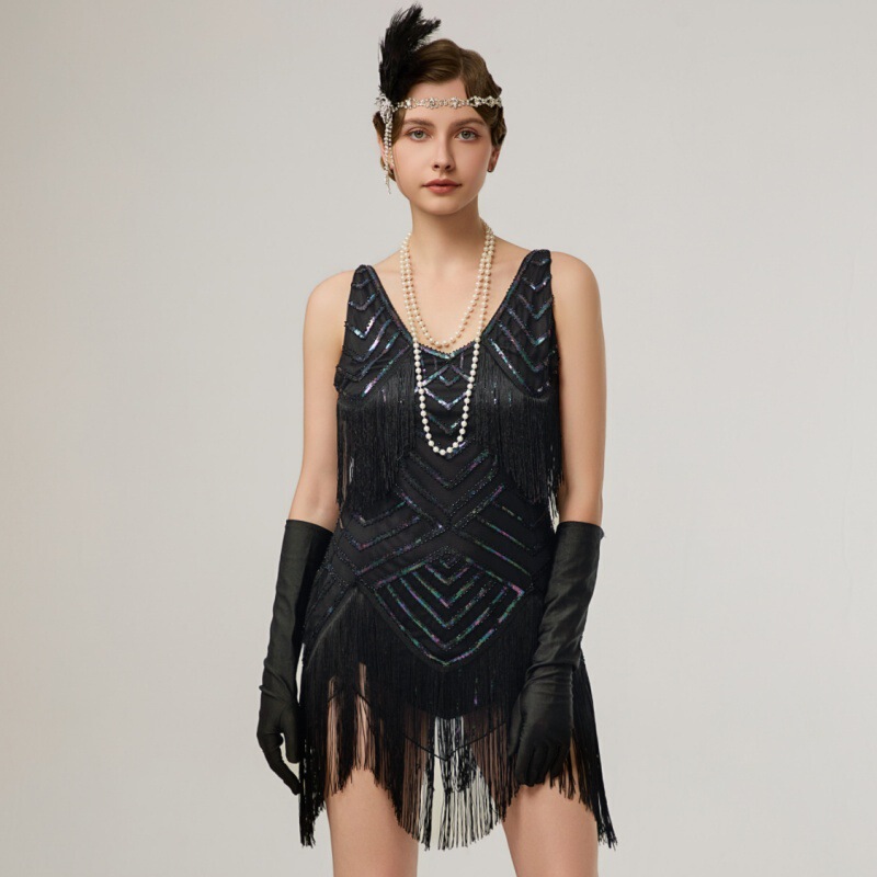 Sling Sequin Tassel Dress 1920 European and American Retro Gatsby Prom Party Large V-neck Evening Dress