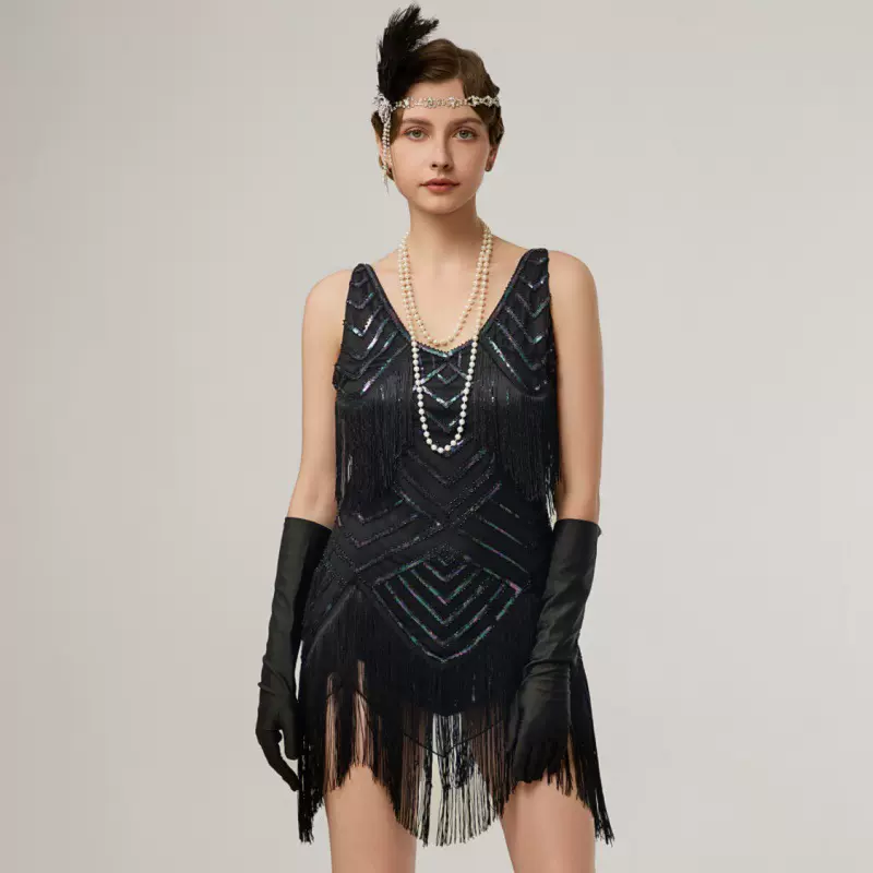 吊带亮片流苏裙1920欧美复古盖茨比舞会聚会V领大码晚礼服连衣裙