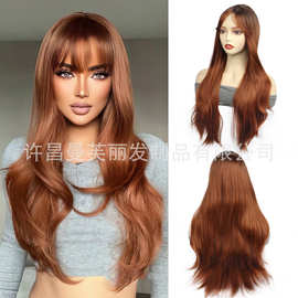 许昌亚马逊欧美橘色中分长卷发化纤机制假发全头套Wigs假发女Hair