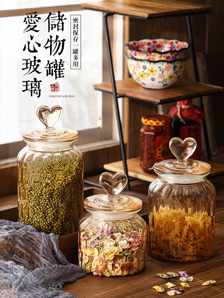 Glass Sealed Jar Creative Heart Storage Jar Transparent Amber High-Value Snack Candy Tea Storage with Lid