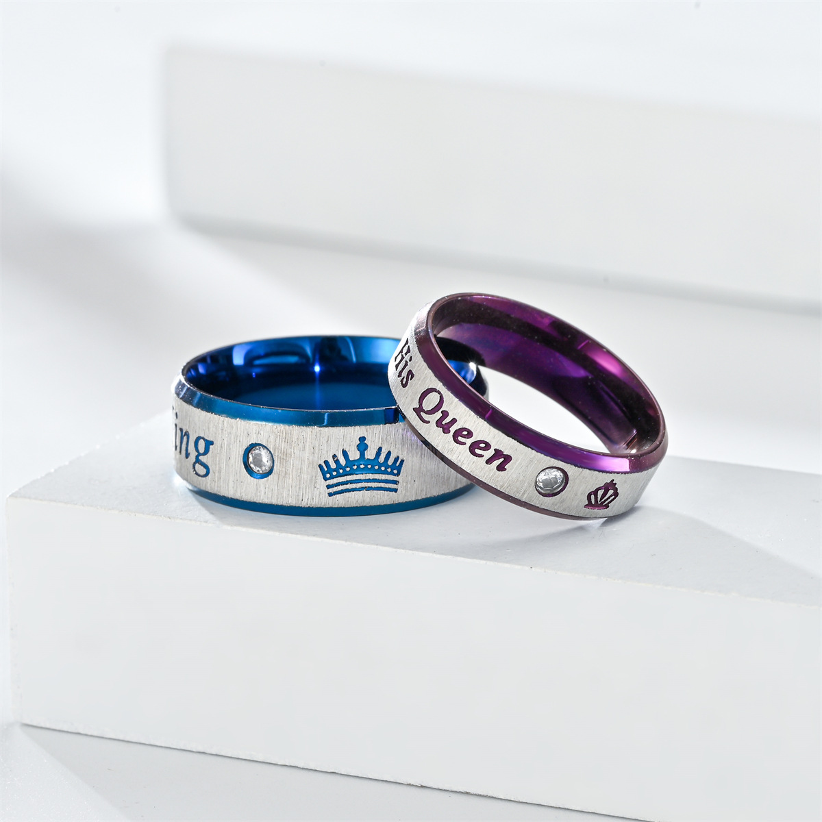 European and American fashion her King his Queen stainless steel blue purple king queen crown couple pair ring