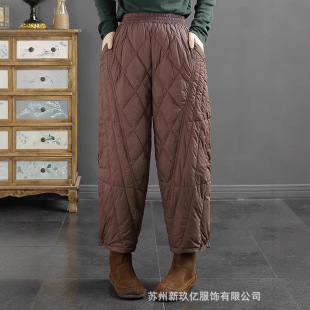2024 Winter New Down Pants Women's Retro Button Rhombus Goose Down Slim Casual Medium Thick Outer Wear Cropped Pants